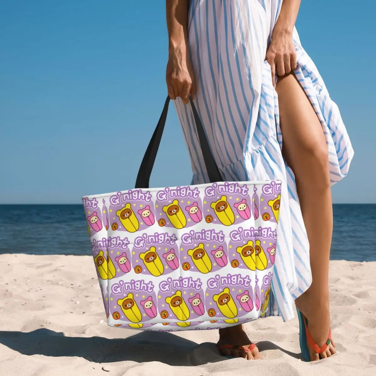 Good Night Rilakkuma Beach Tote Bag Sport Gym Yoga Duffle Large Tote Bag Women Travel Bag Fitness bag
