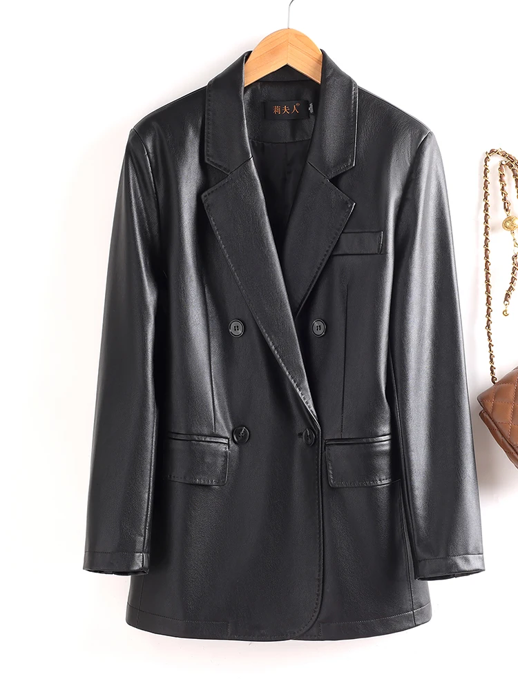 Veste en cuir effet amincissant pour femme, longueur moyenne, en peau de mouton, décontractée, double boutonnage, style mode pour le trajet quotidien