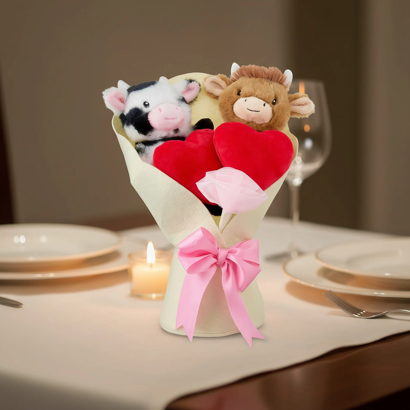 Highland Cow Cute Plush Stuffed Cartoon Toys Hearts and Pink Bow Cute Soft Stuffed Animal for Boys Girls Birthday Valentine Gift