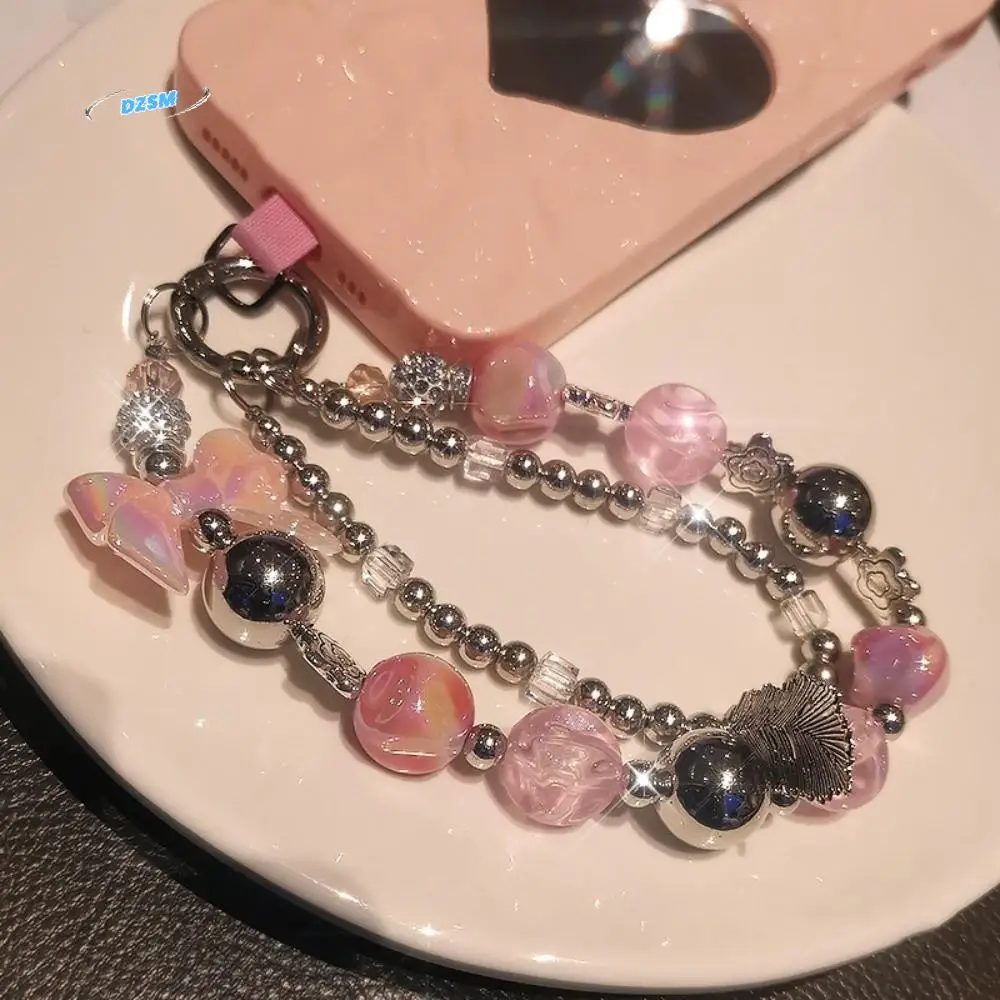 

Kawaii Feather Beaded Phone Chain Bow Cute Bead Phone Pendant Cartoon Short Phone Wrist Strap Mobile Phone