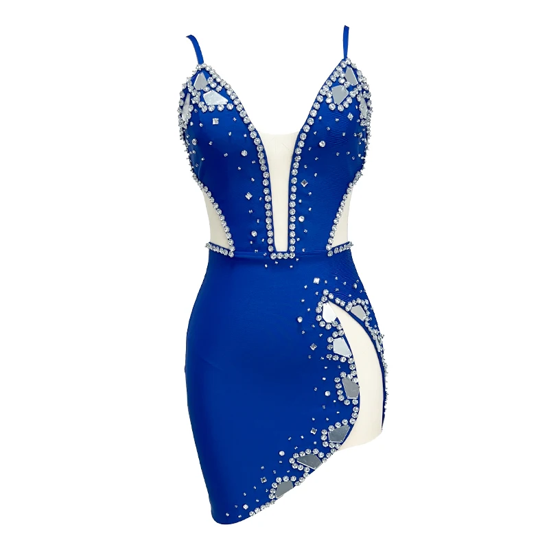 Imagem -05 - Mini Vestido Bandage sem Mangas Decote em v para Mulheres Beading Cristal Azul Cor Preta Sexy Bodycon Boate Party Nova Chegada