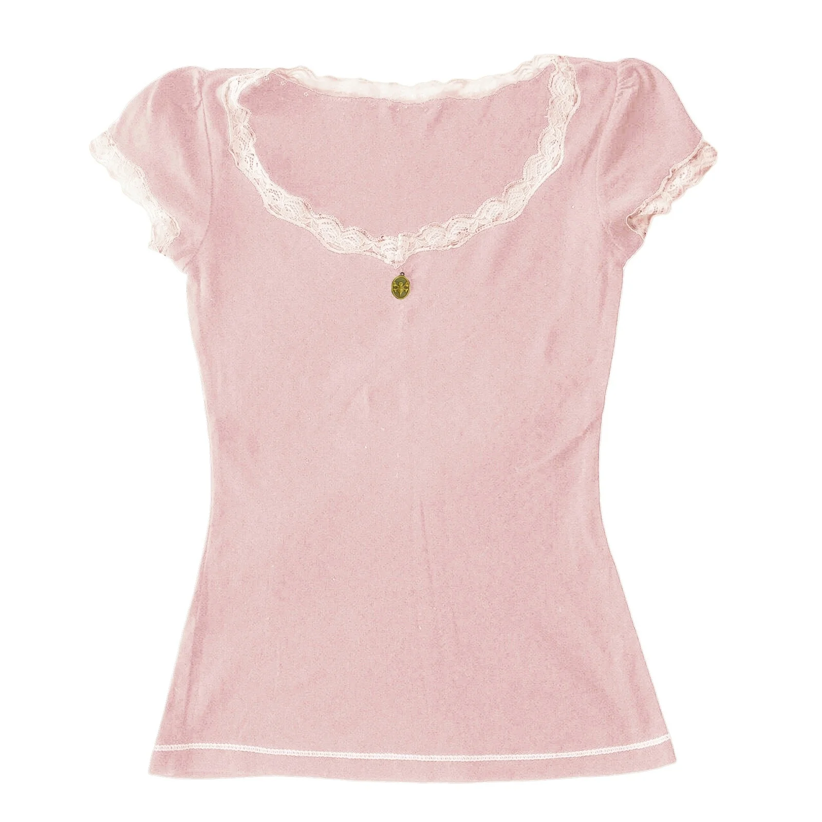 Women\'s Summer Solid Color Tops Short Sleeve Sweet Elegant Lace Trim Round Neck Slim Fit Daily T-Shirt