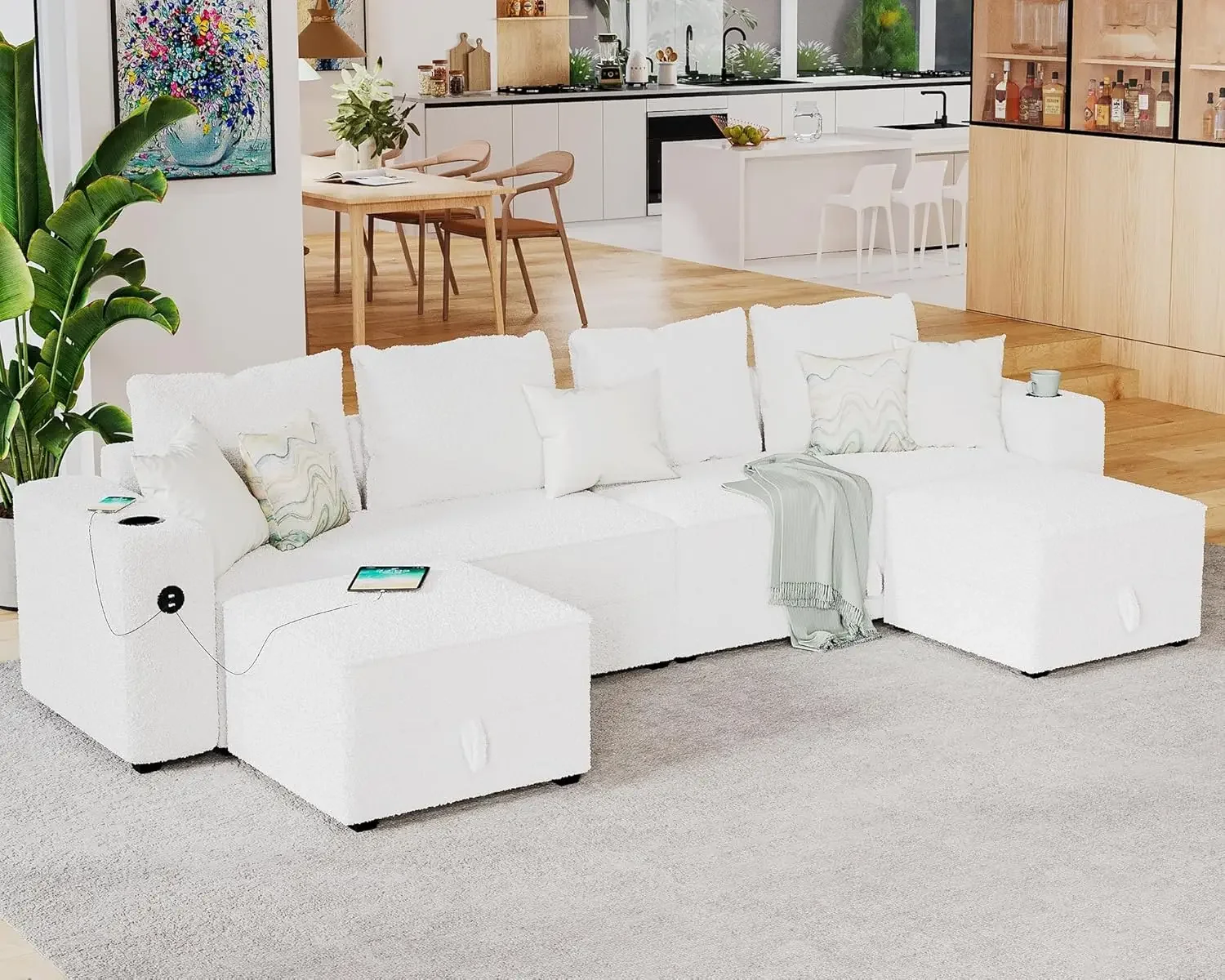 

114 Inch Modular Sectional Sofa with 2 USB Ports & Cup Holders, 6 Seats U Shaped Couch with Storage