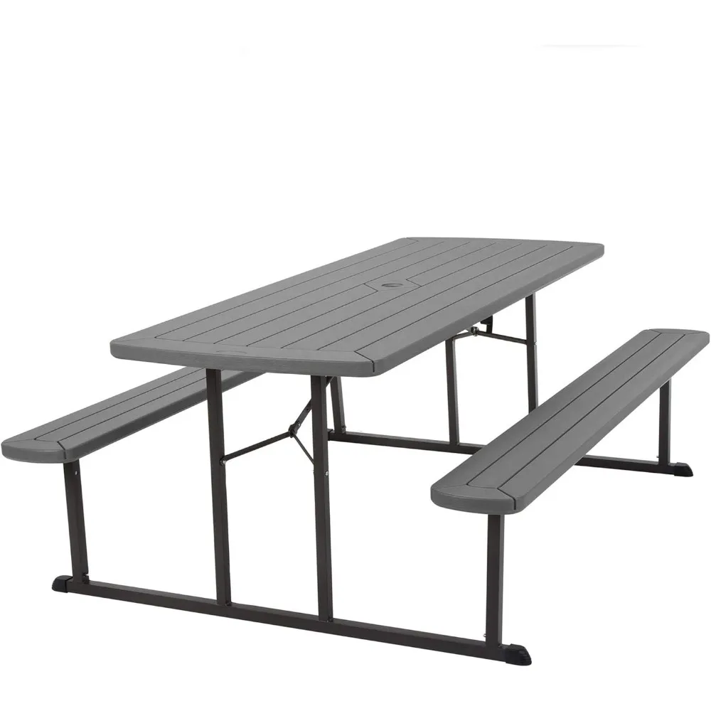 

Folding Picnic Table Dark Gray Wood Grain Resin Construction with Gray Steel Legs for Garden Patio