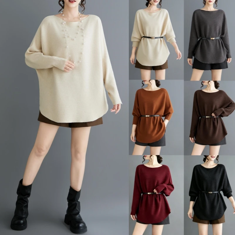 2026 Autumn/Winter New Bat Sleeve Knitted Base Sweater Women's Large Size Fat MM Medium Length Can Tie Up Waist Long Sleeve Top