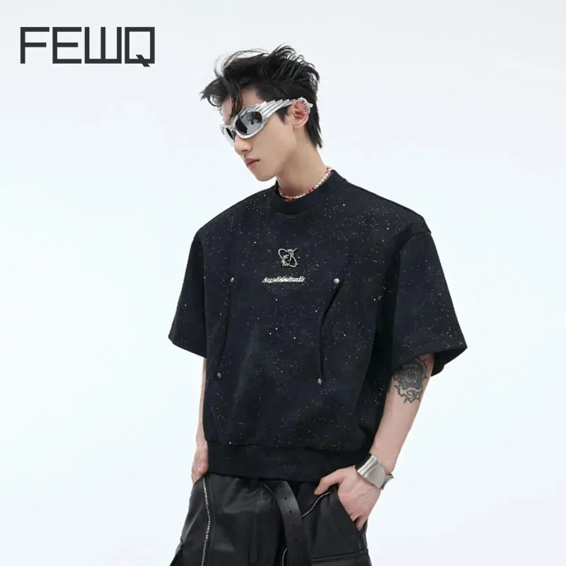 FEWQ Deconstructs Short Sleeve Shoulder Men T-shirt Metal Design 2024 Solid Color High Street New Fashion Male Tops 24E1001