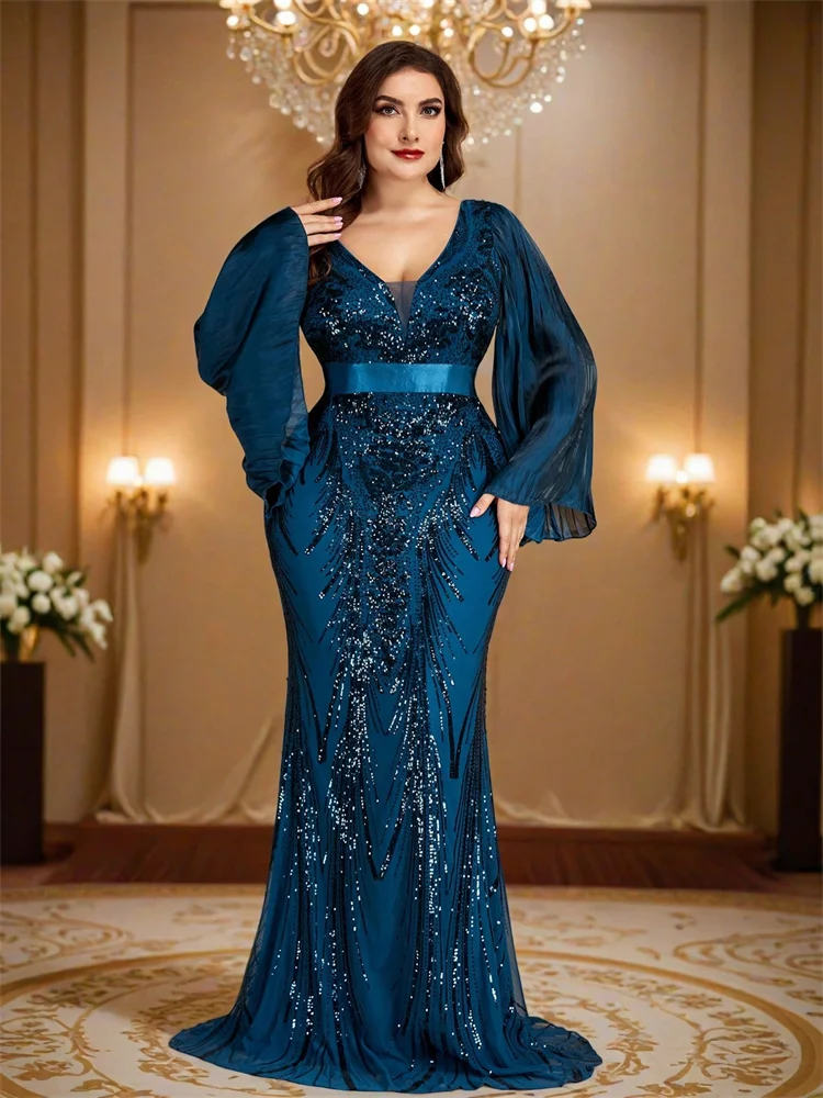 Lucyinlove Plus Size Luxus-Abendkleider mit Pailletten und langen Ärmeln, schmal geschnitten, für Damen, elegante Meerjungfrau-Formelle Party-Cocktailkleider – Detail 4