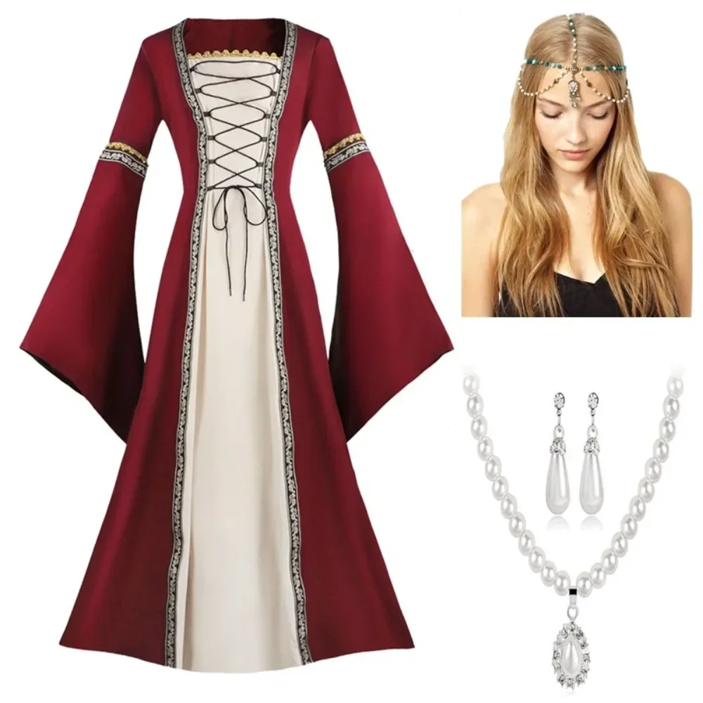 Medieval Vintage Retro Cosplay Costume Victoria Long Sleeve Dress Palace Gown for Women Halloween Carnival Party Clothes