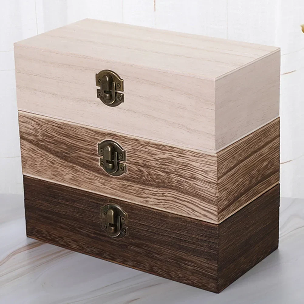 Wooden Storage Box Flip Top Metal Buckle Natural/Light/Dark 20*10*6cm Manual Polishing Retro Style High Quality