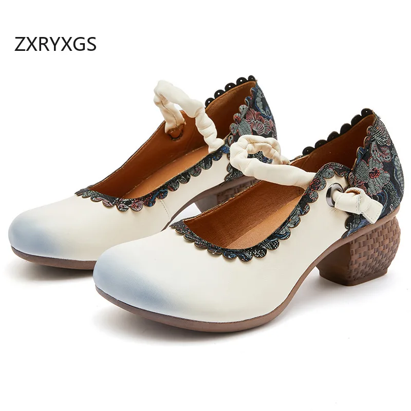 ZXRYXGS New 2026 Classic Retro Spell Color Women Genuine Leather Shoes Fashionable Elegant Mid Heels Non-slip Banquet Shoes Tide