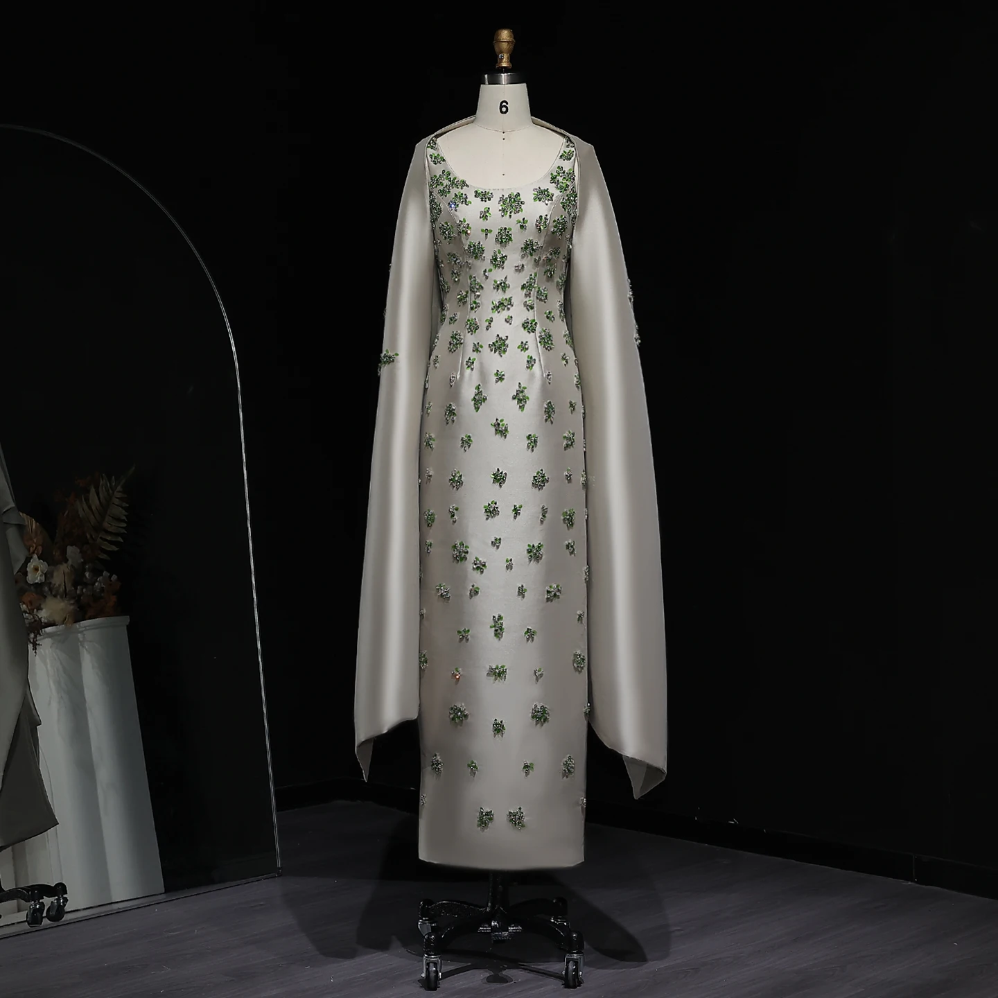 Sharon Said Chic Sage Green Satin 3D Floral Beaded Arabic Evening Dress with Cape for Dubai Women Wedding Party SS536 Customized image 2
