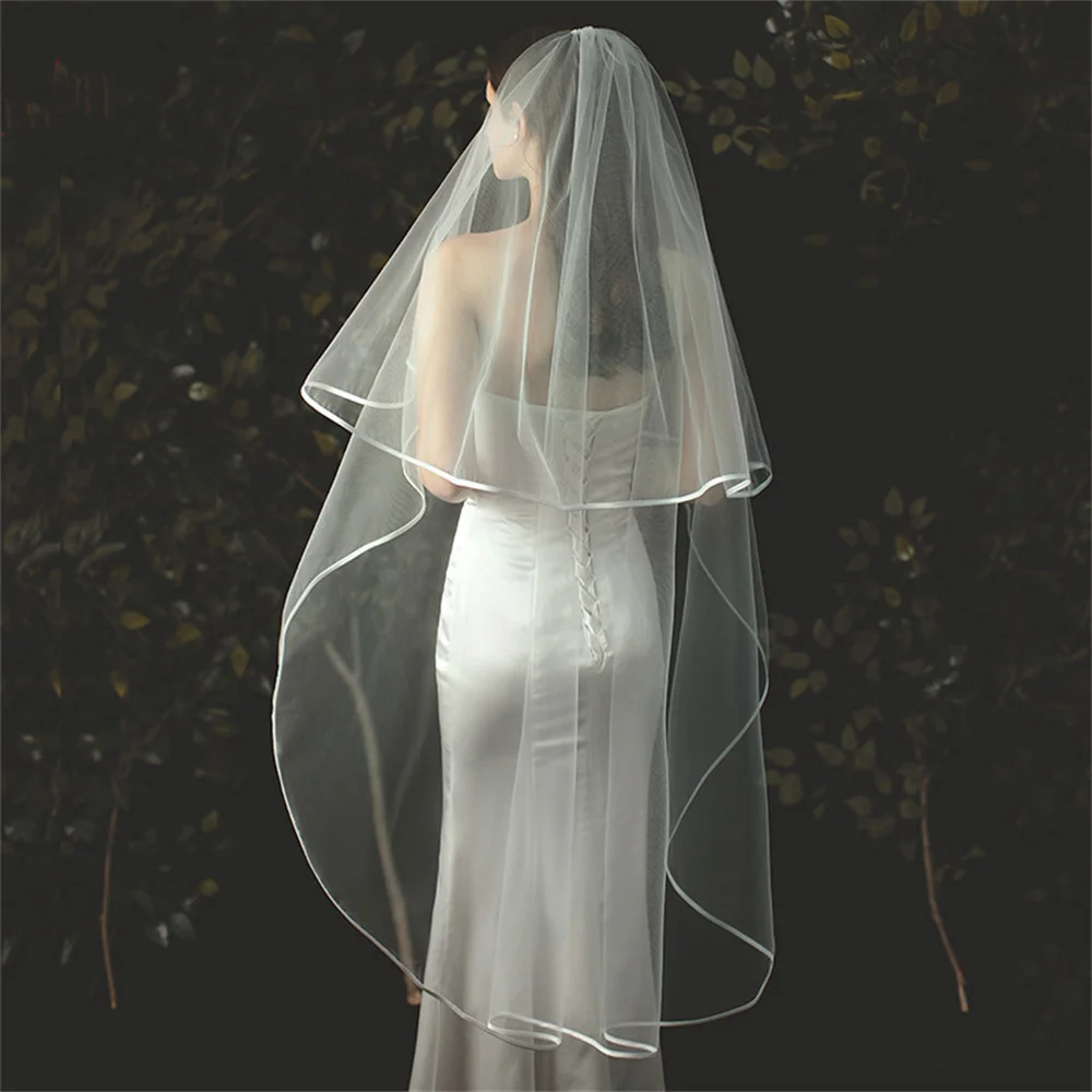 Limit Discounts White Ivory Wedding Veil 2 Tiers Ribbon Edge Center Cascade Bridal Veil with Comb for Bachelorette Party