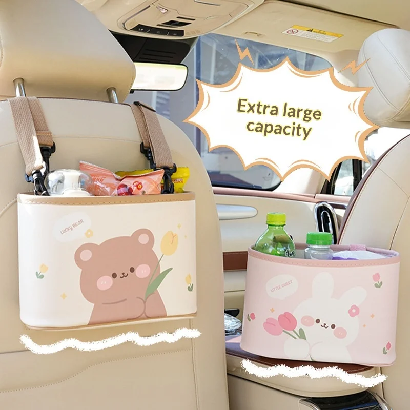 Cartoon Tulip & Bear Car Trash Bin Multifunctional Hanging Storage Organizer for Car Seat Back Cute And Practical