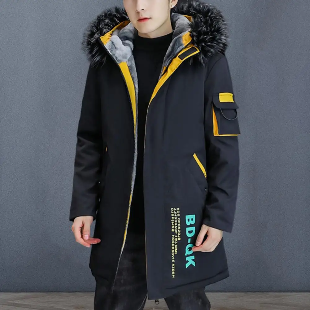 Men Winter Jacket Men\'s Hooded Color Patchwork Jacket with Fleece Lining Warm Stylish Coat for Autumn Winter Men Jacket