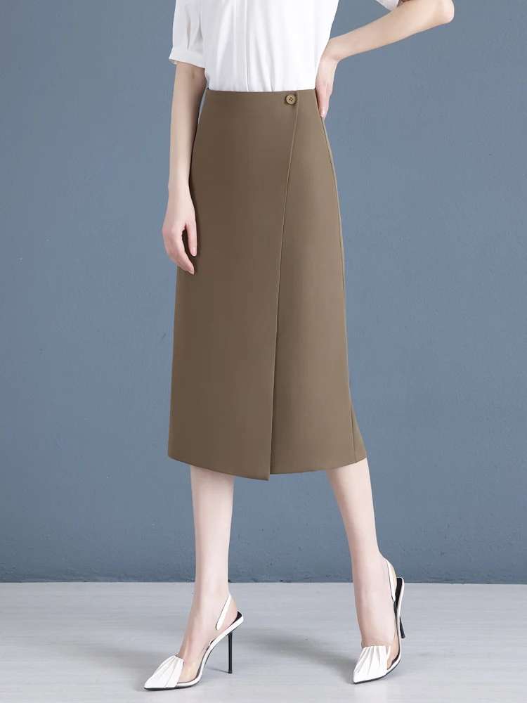 

Деловая женская юбка-миди с высокой талией и боковым разрезом, облегающая, из тонкого материала, летняя, новый стиль, в корейском стиле