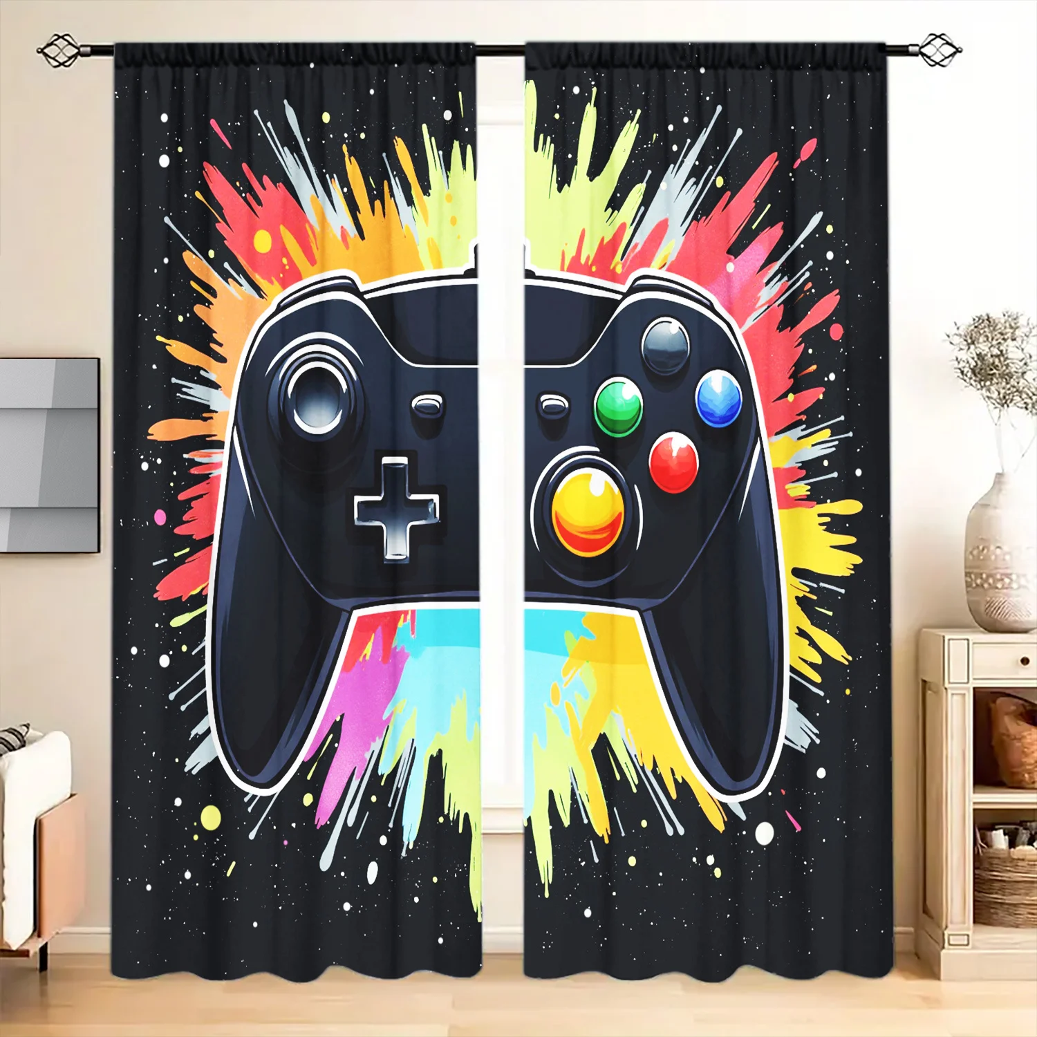 Game Controller Curtain Colorful Splash Joystick Print Drape Gamer Room Decor Window Treatment for Boys Bedroom Living Room Home