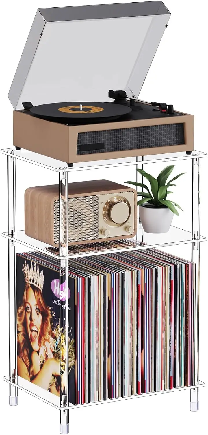 

Clear Acrylic Record Player Stand with Vinyl Storage, 3 Tier Side Table for Living Room Bedroom