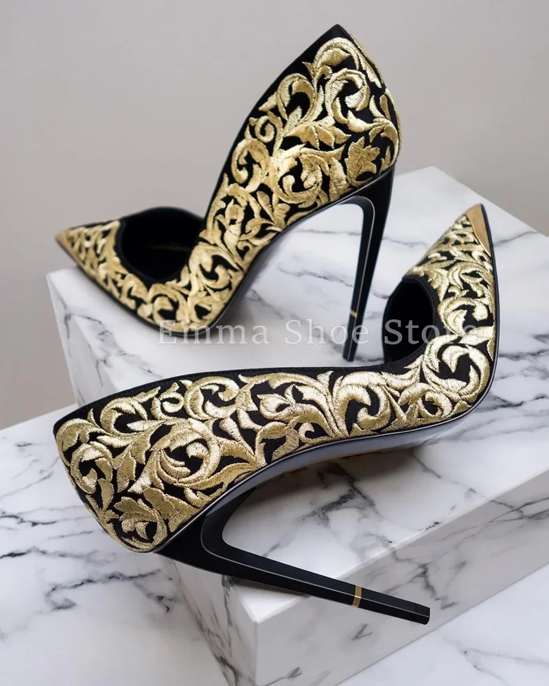 الذهب الروماني التطريز أشار تو خنجر عالية الكعب المرأة مضخات 2025 مصمم تنوعا فستان أحذية مأدبة أحذية الزفاف