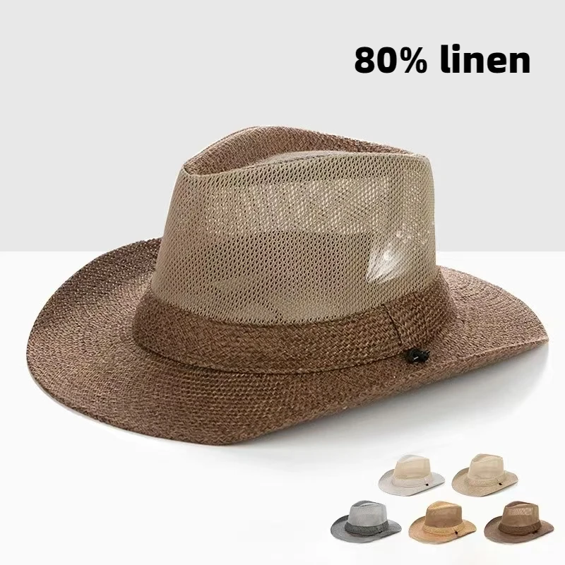 

Summer Linen Hollowing Sun Hats British Gentleman Jazz Top Panama for Men Adjustable Breathable Straw Hats Fashion Cowboy Cap