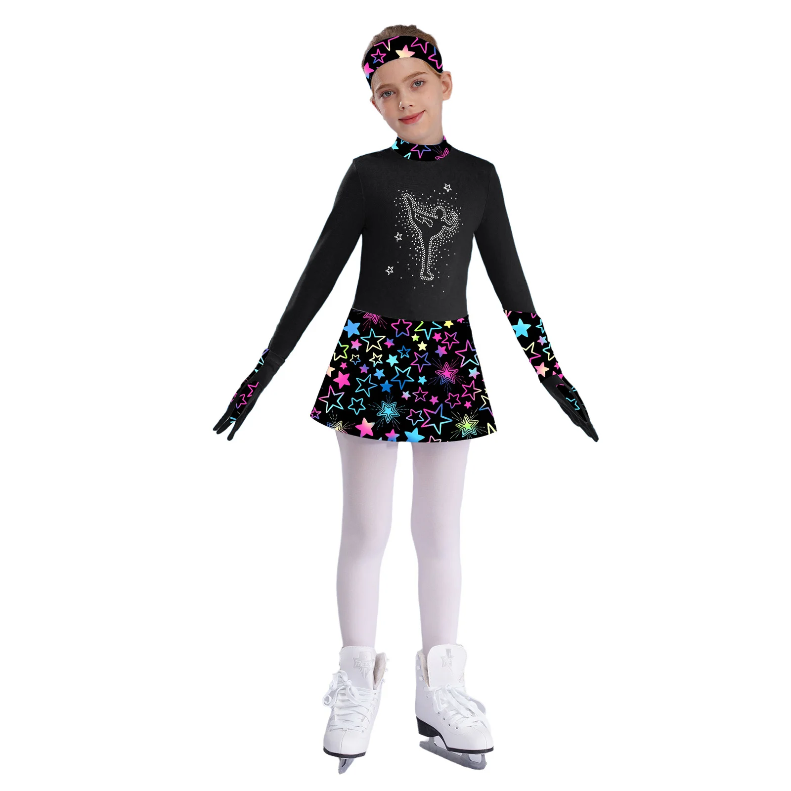 Girls Figure Skating Dress Shiny Rhinestones Gymnastics Outfit Long Sleeve Printed Ballet Leotard Dress with Gloves Headband