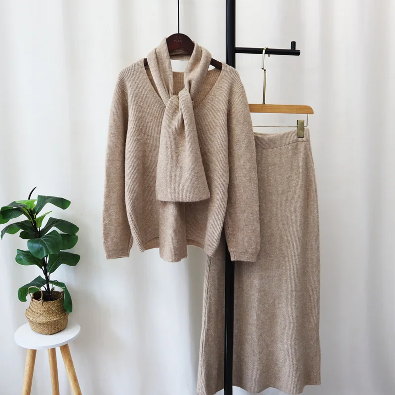 

Skirt Set Women Three Piece Sets Knitted V Neck Spring Y2k Elegant Dress Sets Sweaters Pullovers Scarf Long Skirts A Line