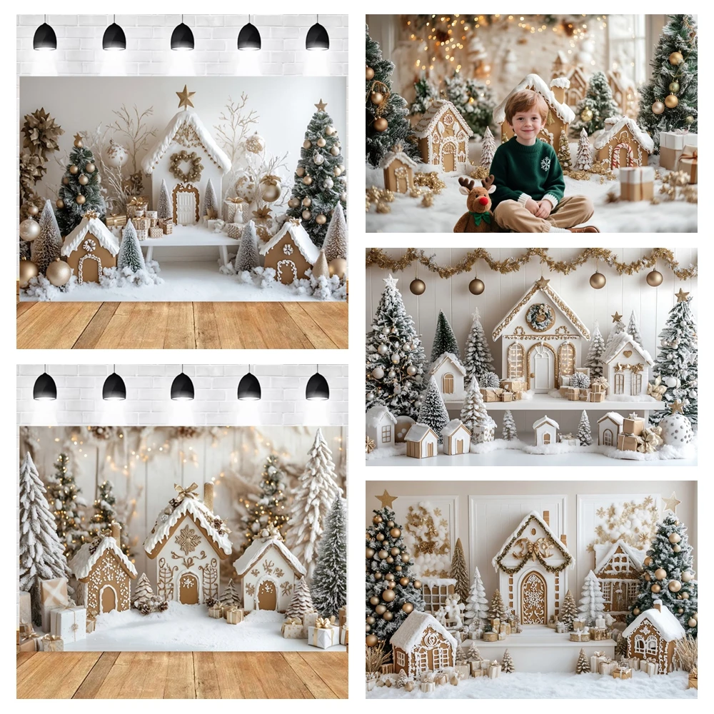 2026 Merry Christmas Photography Backdrop White Gingerbread House Xmas Trees Kids Family New Party Decor Photo Background Props