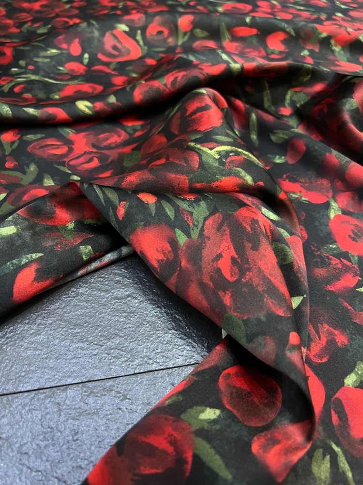 Dark Red Flower Natural Fabric Stretch Satin For Dress 93% MulberrySilk 7% Spandex 19 Momme