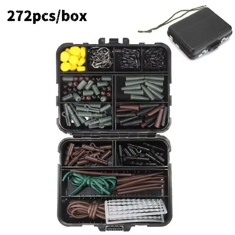 

272Pcs Carp Fishing Terminal Tackle Kit Beads Snap Swivel Anti Tangle Sleeves Connector Tip Tube Positioner Carp Hooks With Box