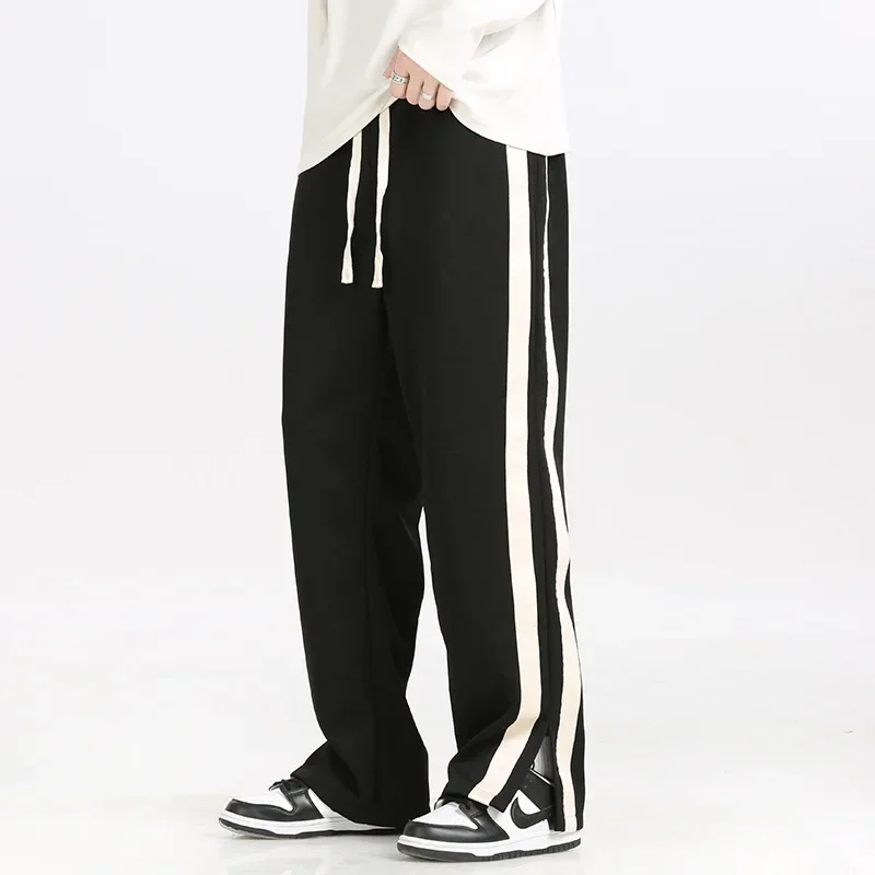 

Men's Striped Slit Pants Spring Autumn Straight Wide Leg Trousers High Street Loose Casual Trousers 2023 Fashion Men Clothing