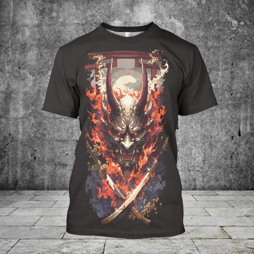 

Men's T-Shirt Japanese Ghost Warrior Pattern Print T shirt Casual O-neck Short Sleeve Top Hip Hop Trend Streetwear Oversized Tee