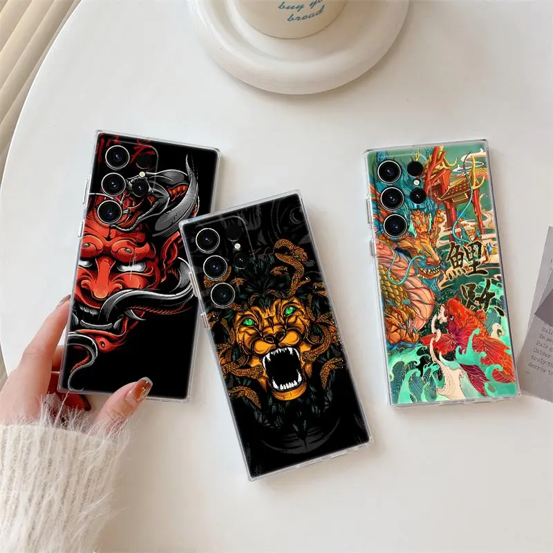 

Japanese Style Art Samurai Phone Case For Samsung S24 S23 Ultra S22 S20 Plus S21 FE Clear Case Cover Galaxy S24Ultra S235G Funda