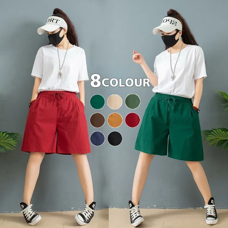 New Summer Ladies Cotton Linen Wide-leg Shorts Fashion Joker Casual Elastic Waist Lace-up Shorts Korean Simple Five-point Shorts