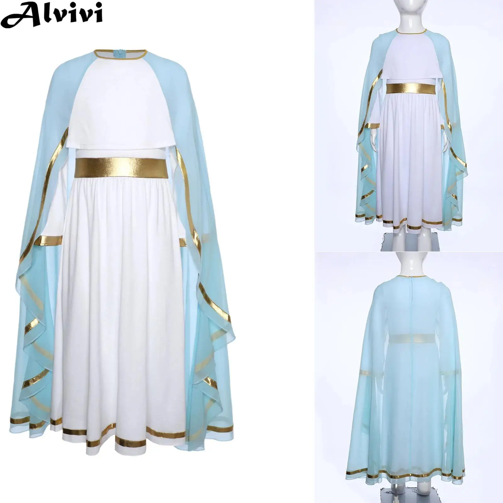 

Teen Girls Long Sleeve Church Choir Worship Cape Dress Toga Halloween Virgin Mary Ancient Greek Roman Goddesses Cosplay Costume