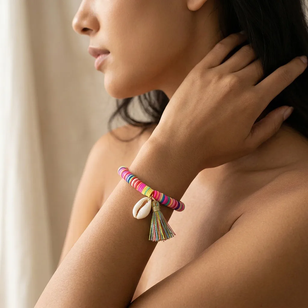 Bohemian Tassel Colored Woven Bracelet with Fashionable Polymer Clay Beads Shell Design for Women Summer Beach Gift