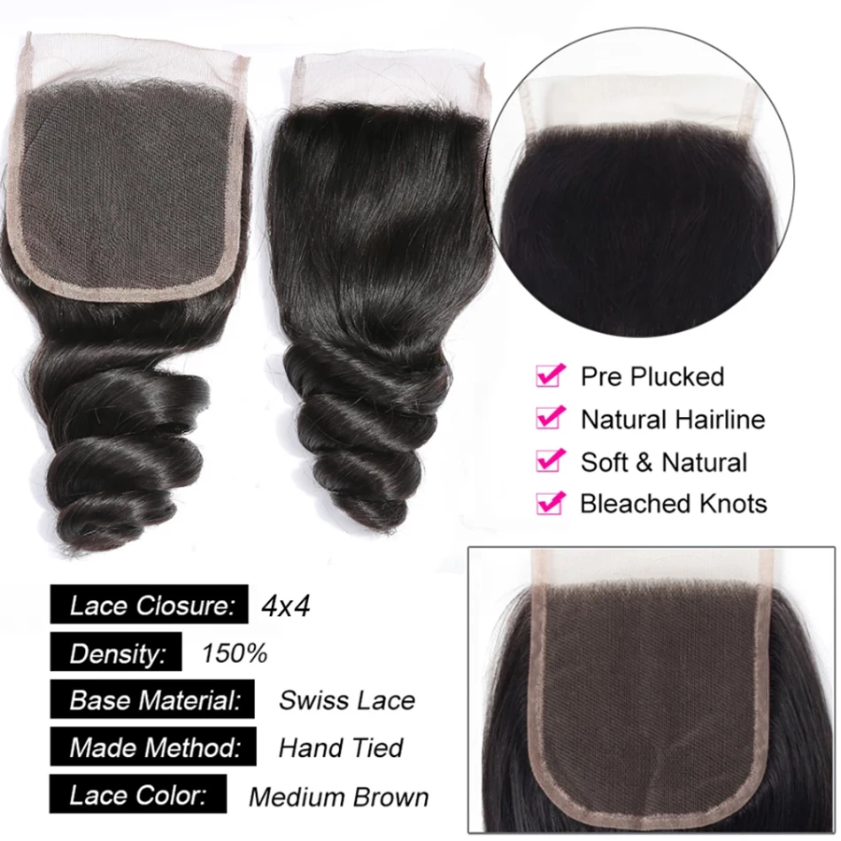 Loose Body Wave Bundles with Frontal Ear to Ear 13x4 Brazilian Human Hair 3 Bundles with 4x4 HD Transparent Lace Closure Natural