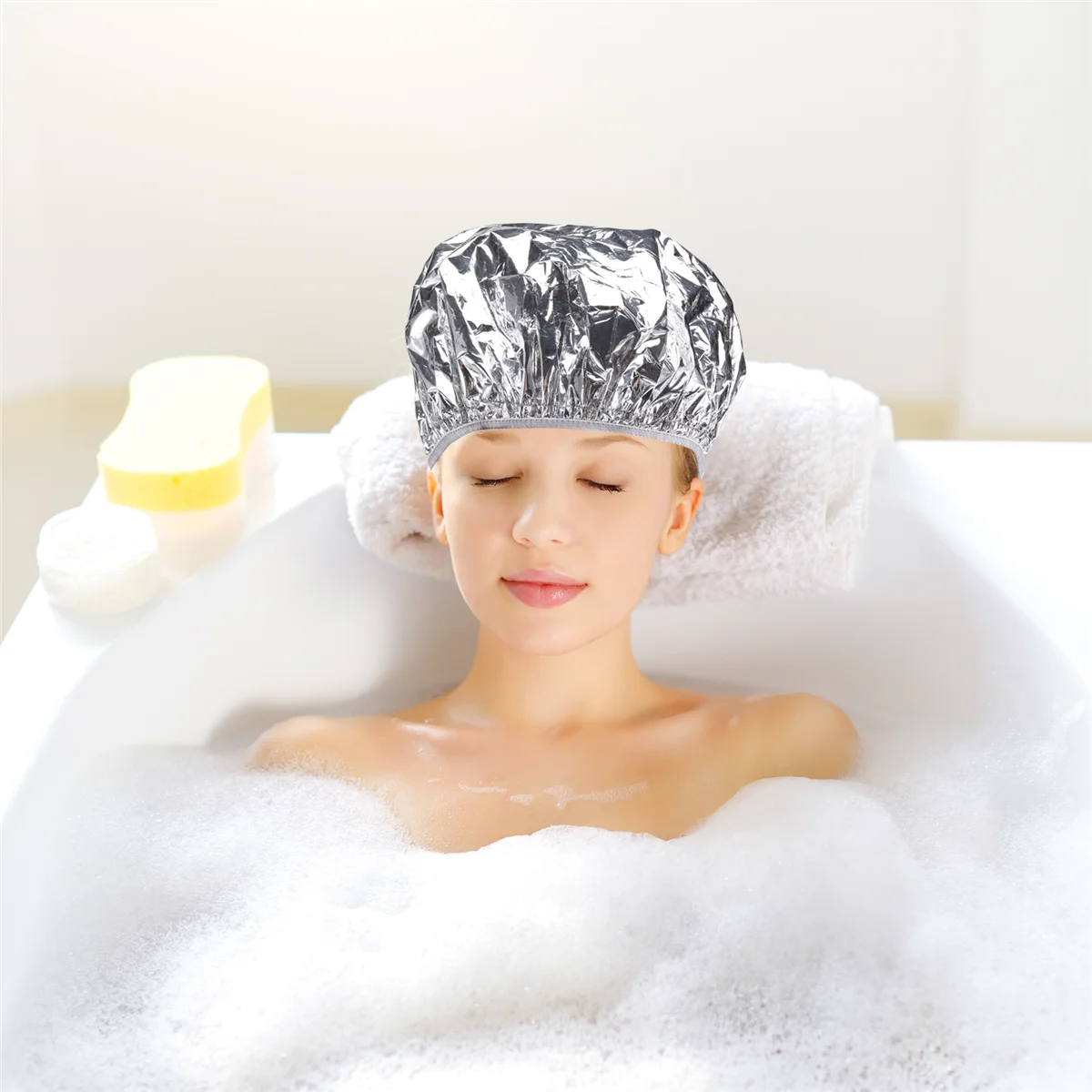 Shower Cap Heat Insulation Aluminum Foil Hat Elastic Bathing Cap for Women Hair Salon Bathroom -Silver SQ