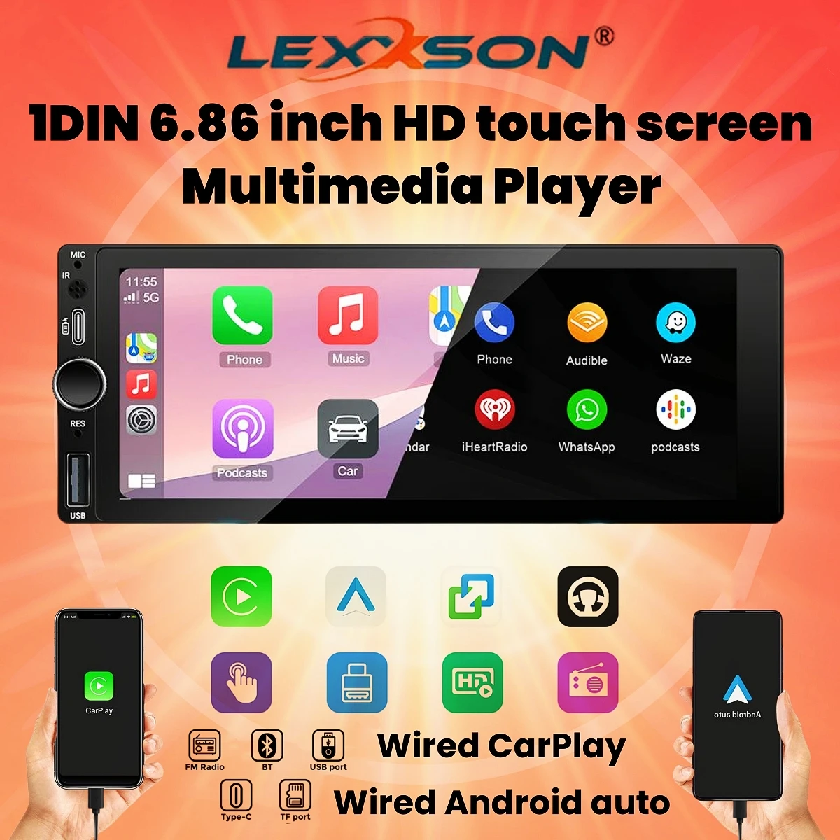 

1DIN 6,86 дюйма HD сенсорный винт мультимедийный MP5-плеер авто радио CarPlay Android Auto для универсального автомобильного радио BT FM AUX