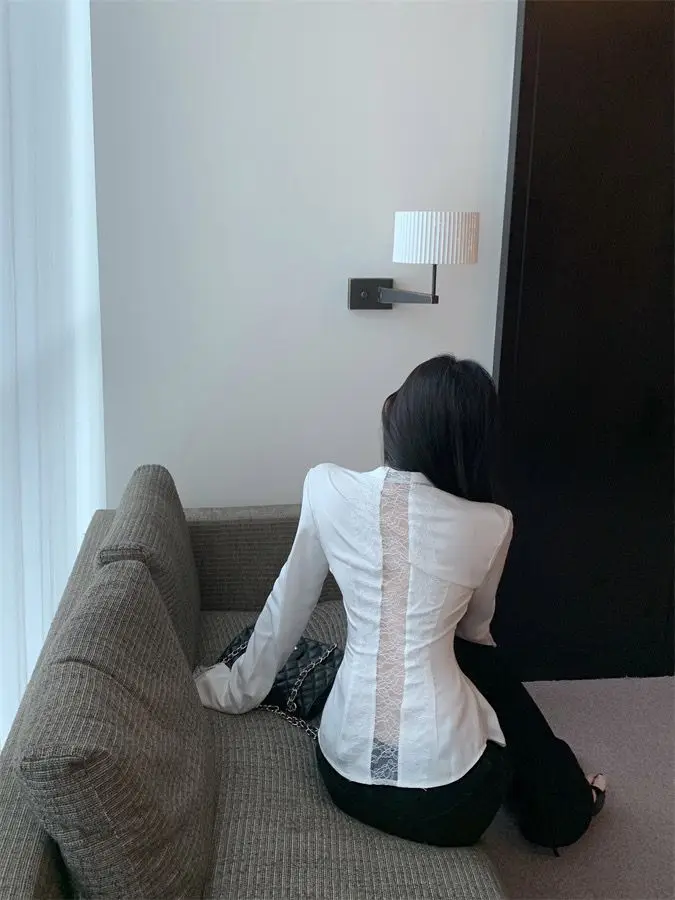 Backless Lace Youthful Fashion Black Long Sleeve Shirt Women V Neck Patchwork Elegant Basic Blouse Lady Office Casual White Top