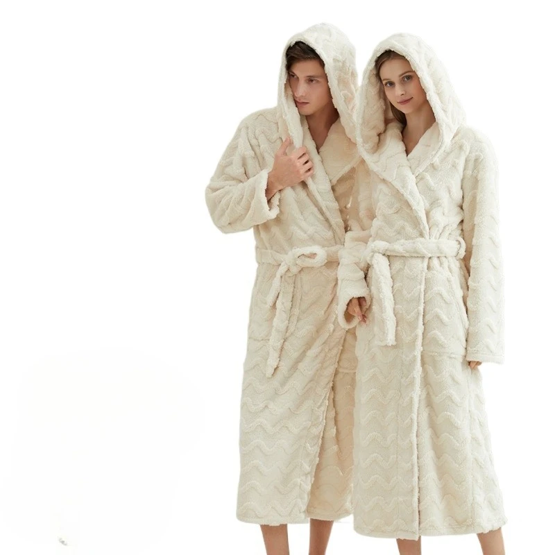 Winter Cross-border Hooded Thickened Double-sided Fleece Long Winter Nightgown Couple Bathrobe Jacquard Coral Fleece Nightgown
