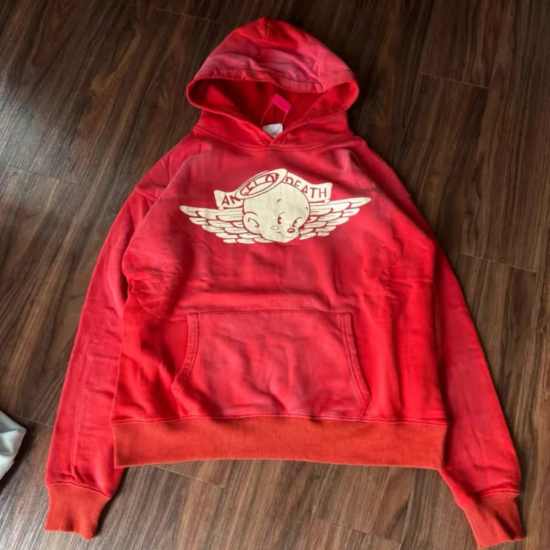 Real Photo Red Blue Oversize Saint Hoodie Retro Washed Angel Cracked Print Trapezoidal Letter Hood Sweatshirts Men Women Outfit