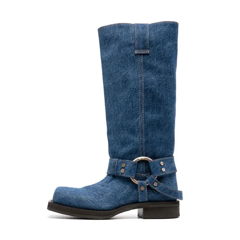 Autumn British Style Square Toe Thick Heeled Denim High Boots Rivet Splicing Sleeve Medium Heeled Knight Boots For Womens Boots