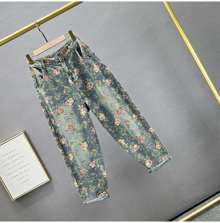 Pantalones bombachos de mezclilla Retro para mujer, delgados de Vaqueros cintura alta, holgados y adelgazantes, con estampado étnico, novedad de