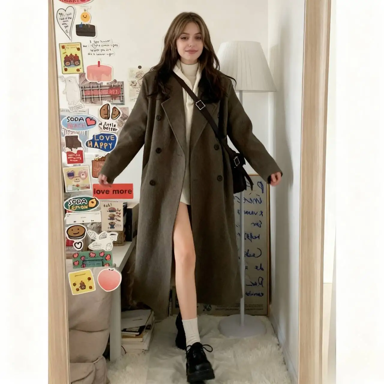 Płaszcze damskie z mieszanki wełny, wełniany płaszcz w kolorze beżowym, jesienny tweed, blokowanie kolorów, zapinany na zamek, krótki, stójka, rękawy balonowe, jednostronny.