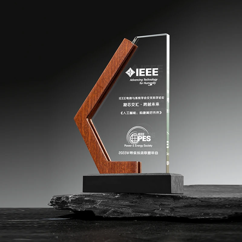 Wood Glass Trophy with Rock Base Free Engraving for Awarding to Outstanding Employees of the Enterprise