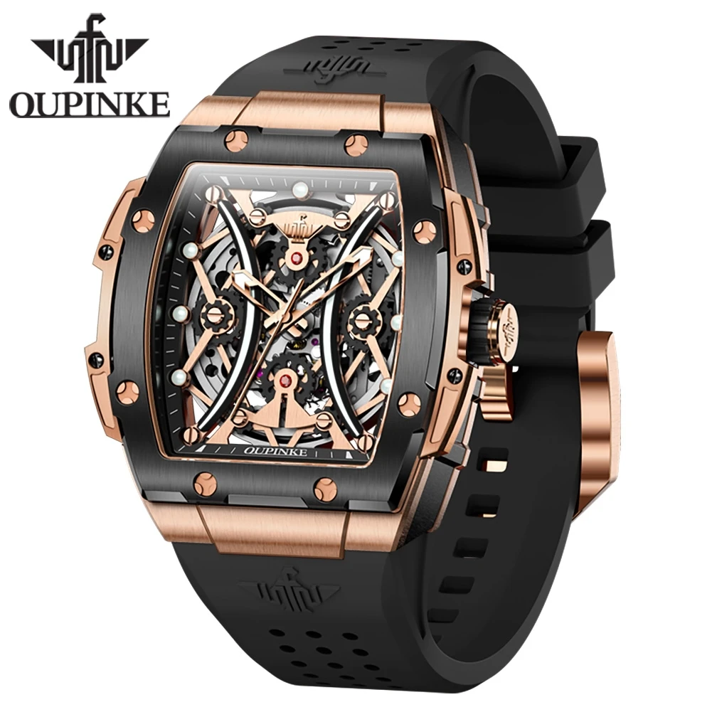 

OUPINKE Men's Watches Classic Luxury Tonneau Dial Top Brand Original Automatic Mechanical Wristwatch Silicone Strap Sapphire New