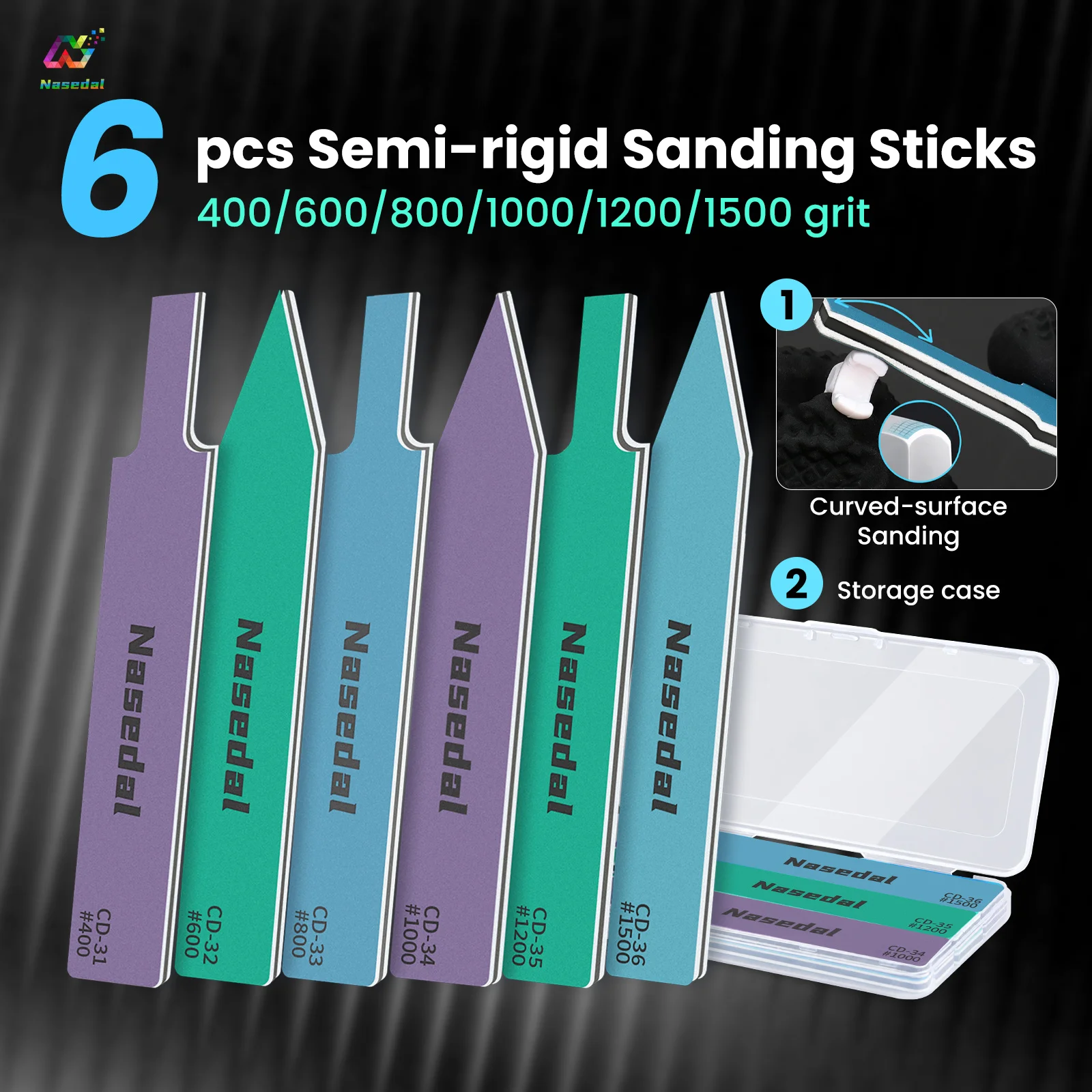 Nasedal 6pcs 400-1500 Grit Dual Sided SemiRigid Sanding Sticks Set for Gundam 3D Print Parts Polishing Washable with Storage Box