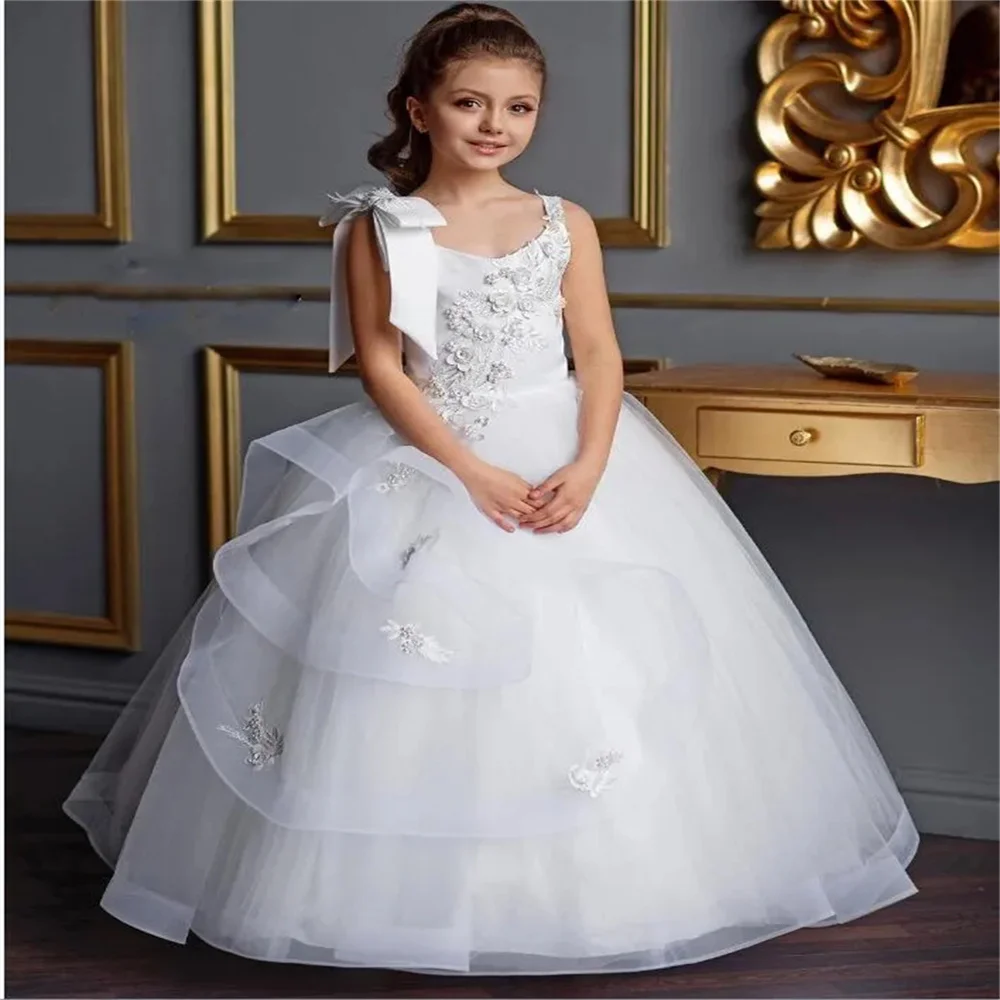 Vestido Menina Flor com Applique, Branco, Tule Fofo, Laço, Frisado, Renda, Sem mangas, Casamento, Primeira Comunhão, Festa de Baile, Criança