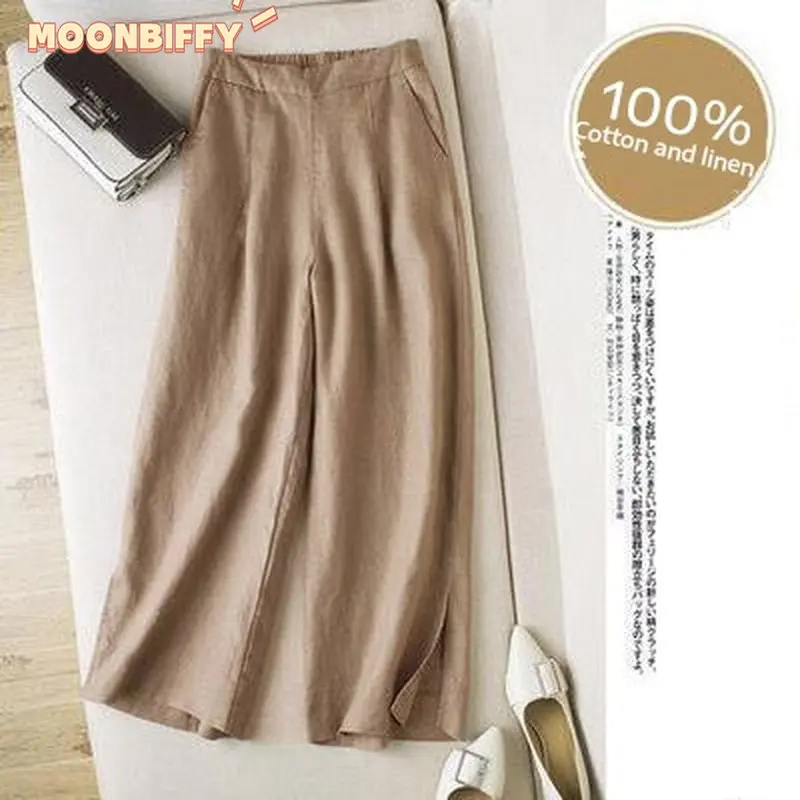 

2023 Summer New Ankle-length Elastic Waist Solid Pants Women Plus Size Casual Wide Leg Slit Cotton Linen Pants Loose Pantalon