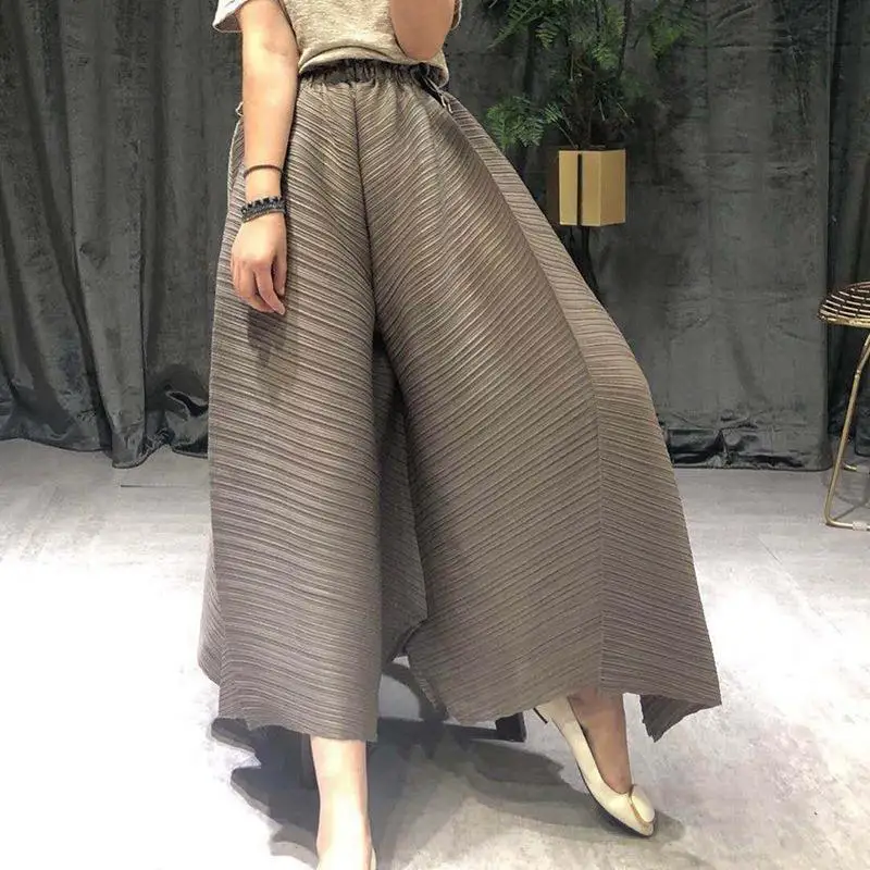 Chic Pleated Straight Pants Women Spring Summer Elastic High Waist Pleated Wide-legged Pants Oversized Trouser Black Clothes