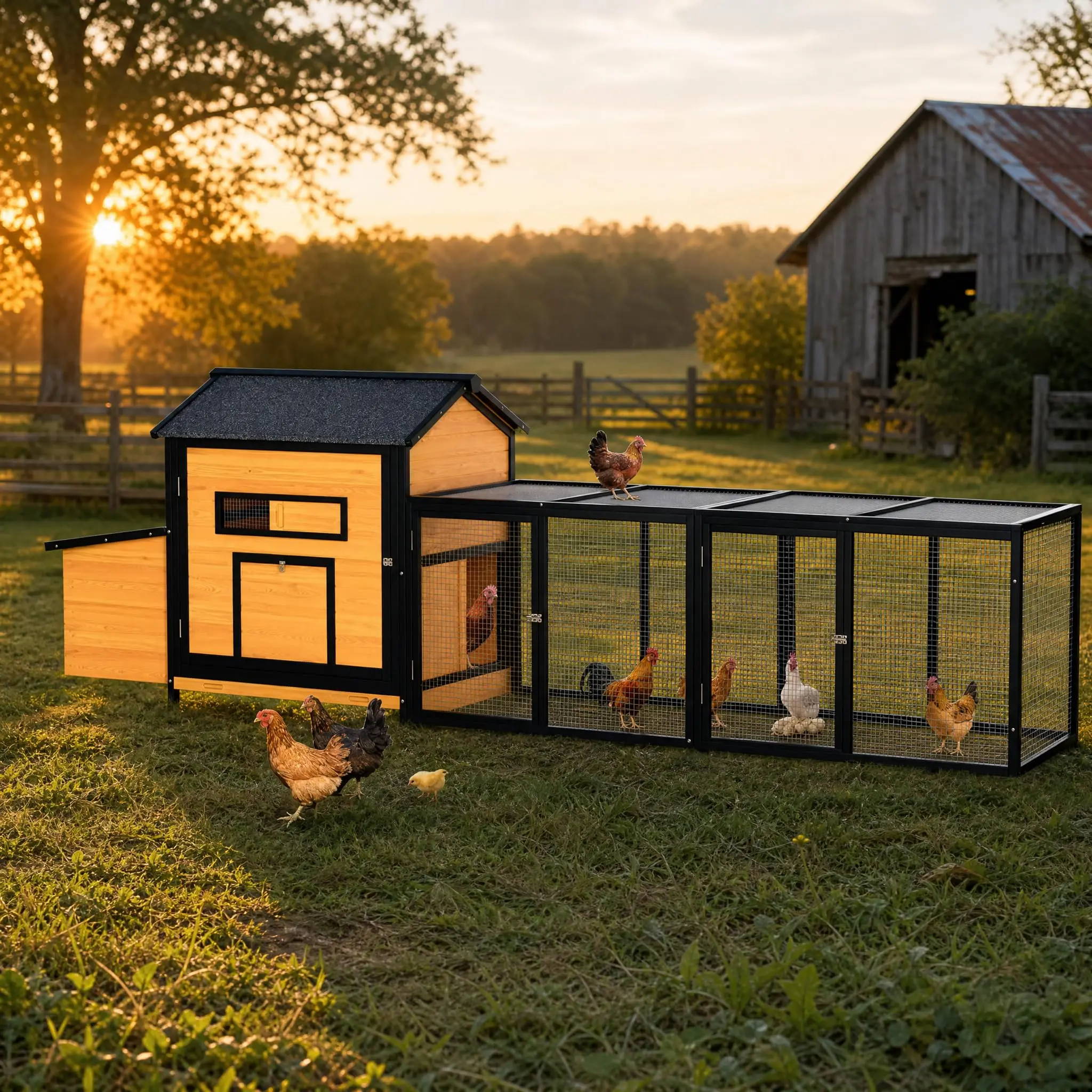 Large Wooden Chicken Coop For 3 5 Chickens Elevated Hen House With Nesting Boxes Enclosed Run Ramp And Pull Out Tray Weatherproof Outdoor Backyard Poultry House Yellow Black